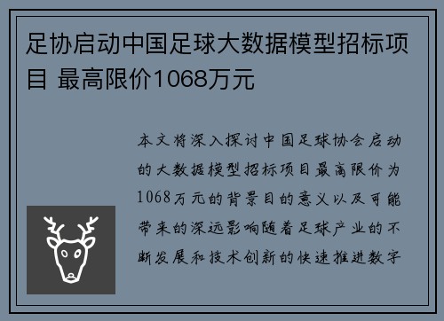 足协启动中国足球大数据模型招标项目 最高限价1068万元 足协启动中国足球大数据模型招标项目 最高限价1068万元