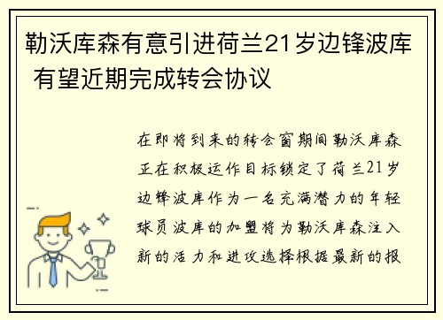 勒沃库森有意引进荷兰21岁边锋波库 有望近期完成转会协议